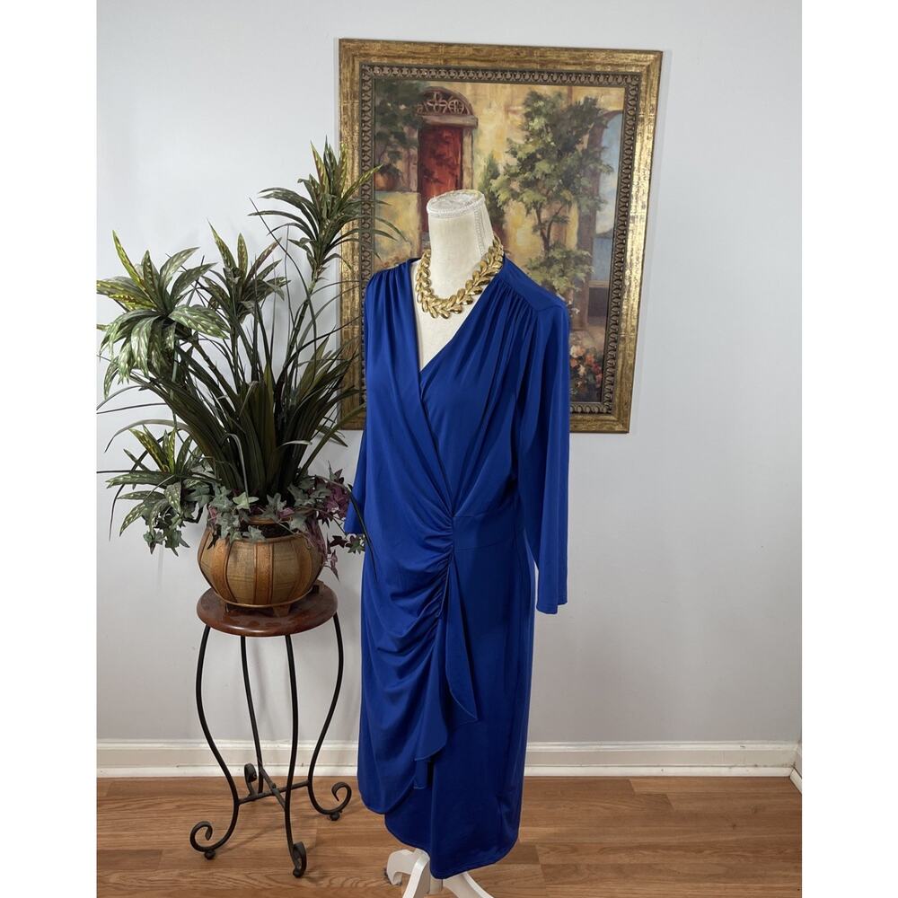 Venus Royal Blue Faux Wrap Ruched Midi Dress XL 3/4 Sleeve - Picture 6 of 12